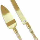 Wedding Cake Knife and Server Set, Cake Cutter and Pie Spatula, Cake Server and Knife Set of 2 with Plastic Handles, Titanium Gold Plated Blades, Cutting Set for Birthdays, and Parties (Glitter Gold)