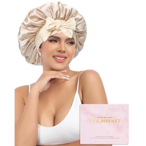 AWAYTR Silk Bonnet for Sleeping Women 100% Mulberry Silk Bonnet with Band 2 Layer Reversible Hair Bonnet Sleeping Hair Wrap (Champagne/Beige)