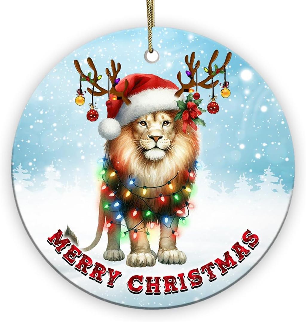 Christmas Ornament - Lion Merry Christmas Ceramic Ornament, Xmas Tree Decoration, Hanging Ornament, for Family, Friends, Animal Lovers