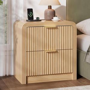 Decofy 23'' Wide Fluted Nightstand with 2 Large Drawers & Charging Station | Beside Table with Drawers & Open Shelf, Mordern Large Night Stand with Curved Corners, Wood End Table for Bedroom