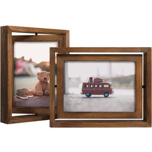 Egofine 2 Pack 5x7 Rotating Floating Picture Frames,Double-Sided Display with HD Glass Front Wooden Distressed Frame for Vertical or Horizontal Tabletop Display, Carbonization