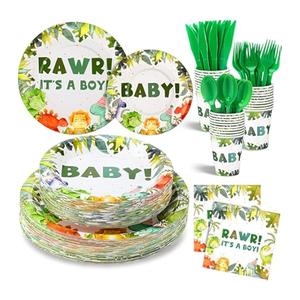 FillTouch 350 Pcs Dinosaur Baby Shower Party Favor Rawr Its a Boy Disposable Tableware Napkins Cups Knives Forks Spoons for 50 Guests Dino Birthday Party Decoration