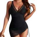 Blooming Jelly Women's One Piece Swimsuit Tummy Control Swim Dress Modest Slimming Bathing Suit Mesh Sarong Wraps Skirt Swim Suits (Black Blue, S)