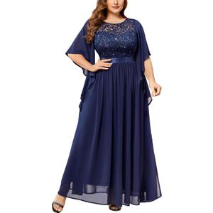 Miusol Women's Plus Size Sequin Lace with Ruffle Cape Cloak Sleeves Elegant Evening Gown Wedding Guest Maxi Dress (2XL, A-navy Blue)