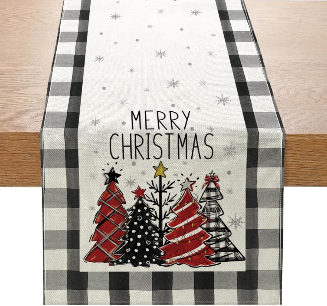 Christmas Trees Buffalo Plaid Table Runner 13x72 Inch, Merry Christmas Snowflakes Winter Kitchen Dining Table Decoration for Home Party Decor