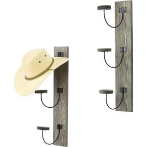 MyGift 2 Pcs Hat Rack Wall Mount, Cowboy Hat Organizer Holder, Coat, Cap Clothes Hanger with Metal Wire and Wood Hooks, Vintage Gray