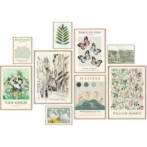 uniro Sage Green Eclectic Wall Art Prints, 9 Pcs Matisse Wall Art Exhibition Posters for Room Aesthetic, Van Gogh William Morris Matisse Picasso Green Eclectic Gallery Wall Decor, Maximalist Canvas (Multi Size 05)