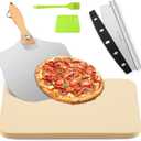 Pizza Stone 5 PCS Set, 15 x 12" Large Rectangle Pizza Stone Set for Oven and Grill with Metal Pizza Peels & Cutter Rocker, 0.6'' Thickened Stone Pizza Pan, Baking Stone for Pizza, Bread