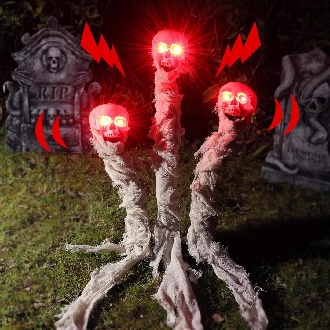 Halloween Decorations Outdoor: 3 Pack Lighted Up Skull Skeleton Yard Stakes, Spooky Skull Pathway Markers Lights Yard Decor, Battery Operated Outside Halloween Decor for Home Patio Lawn