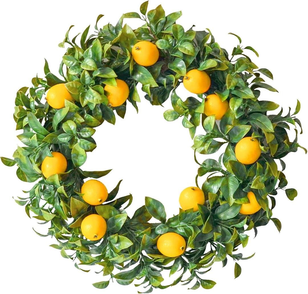 Mr. Bom 15 Inch Artificial Lemon Wreath with Boxwood for Front Door, Spring Summer Holiday Decoration, Indoor Outdoor Use