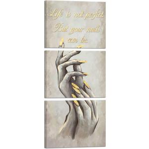 HOMEOART Fashion Woman Wall Art Nail Salon Decor Manicure Nail Salon Wall Art Stretched and Framed Ready to Hang 12"x16"x3 Pieces, Vintage Yellow and Grey