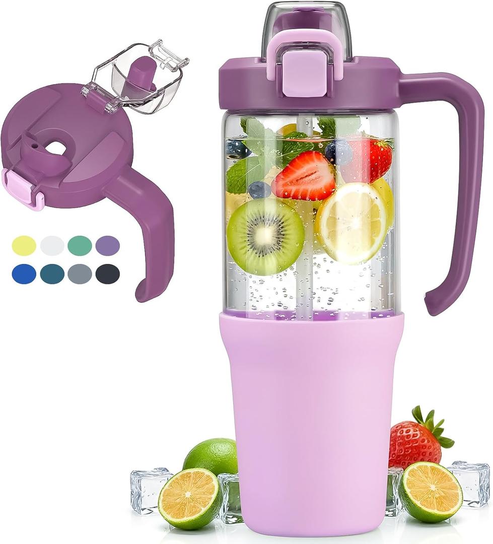 32oz Glass Water Bottle, 2-in-1 Straw and Sip Spout Lid, Leakproof Wide Mouth Tumbler with Handle, BPA-Free Reusable Bottle for Sports, Office, Outdoor, Lilac