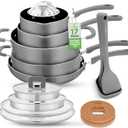 NutriChef 17-Piece Space Saver Cookware Set - Gray Non Stick Pots and Pans with Stackable Design, Foldable Handles, Induction Ready
