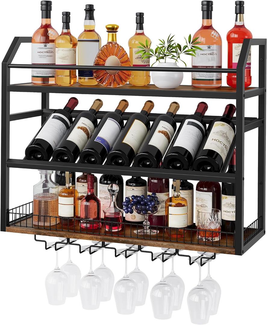 Hoctieon Wall Mount Wine Rack, Wall Mounted Wine Bottle Rack for Display and Storage, Hanging Bottle Holder, for Living Room, Dining Room,Bar, Wine Cellar, Rustic Brown