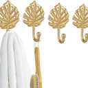 MyGift Vintage Gold Leaf Design Wall Hanging Hooks, Metal Monstera Leaves Wall Mounted Entryway Storage Coat Hooks, Set of 4  Handcrafted in India