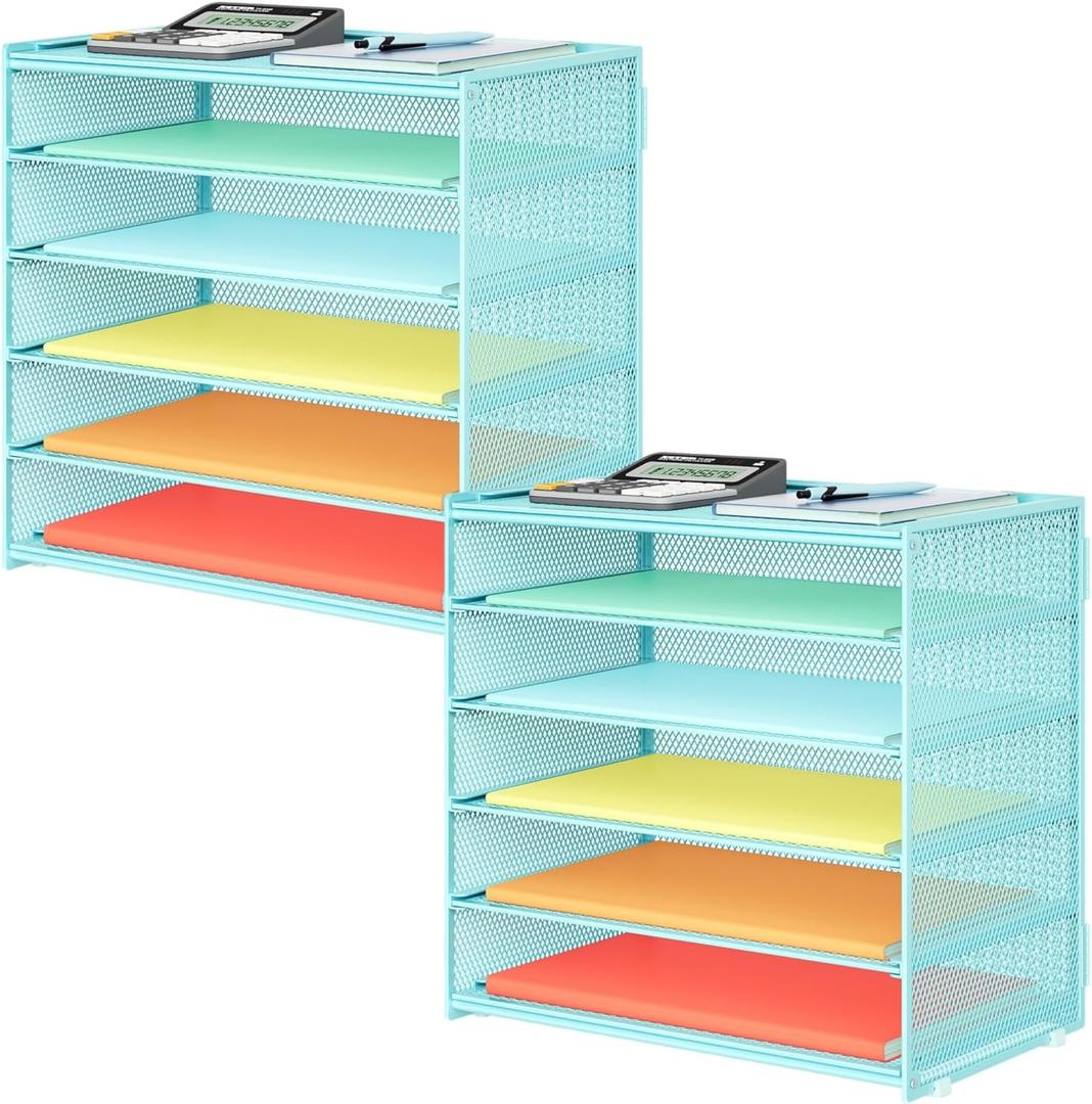 2 Pack 6 Tier Paper Organizer, Metal Mesh Desk File Folder, Letter Tray Organizer, Paper Sorter Desk Organizers for Office, Home or School File Folder Holder - Blue