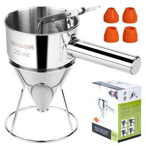 Stainless Steel Pancake Batter Dispenser with Squeeze Handle and Multi-Nozzle, for Pancakes, Cupcakes, and Baked Goods. 20 oz