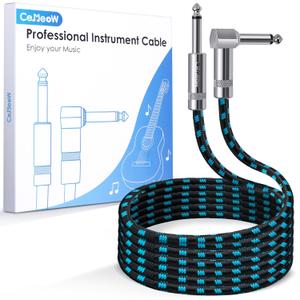 Guitar Cable 6ft 1/4 Inch Guitar Cord Straight to Right Angle Instrument Cable with Braided Tweed and Anti-Kinking Design for Guitar Bass Amp, Black & Blue
