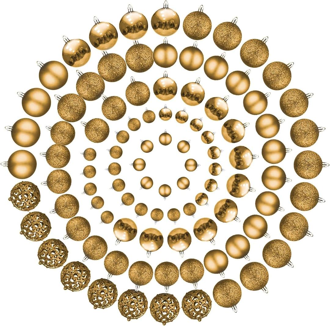 100-Pack Christmas Ball Ornaments for Tree,Shatterproof Plastic Holiday Baubles Set in Assorted Sizes and Finishes, Christmas Tree Decorations for Home, Office, Party, Indoor Outdoor Use (Gold)