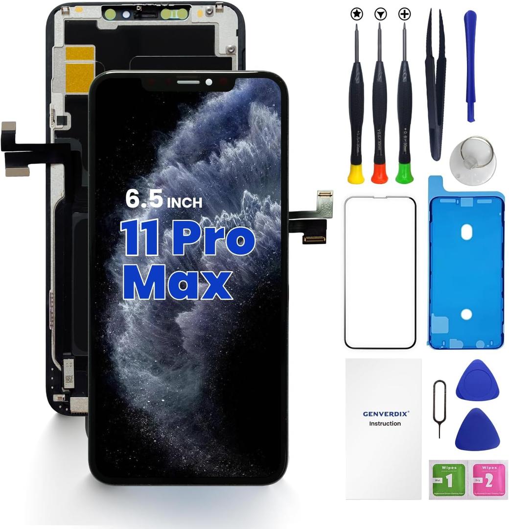for iPhone 11 Pro Max Screen Replacement 6.5, Genverdix 3D Touch LCD Display Full Repair kit, Digitizer Assembly with Tools Set, Tempered Glass Screen Protector, Waterproof Frame Adhesive
