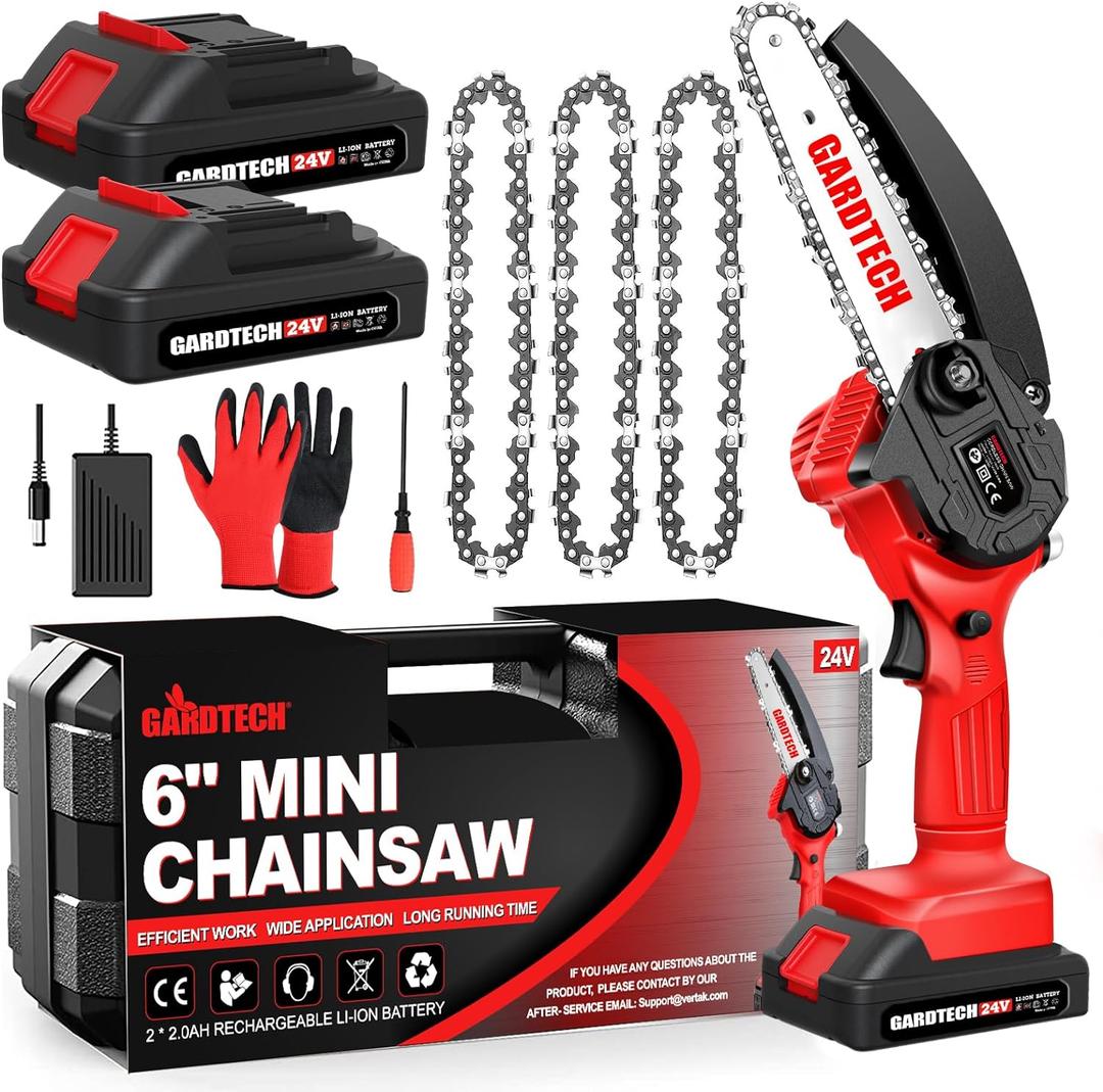 BEST Mini Chainsaw 6 Inch, Gardtech Cordless Portable Electric Chain Saw Handheld Electric Chainsaws with 2025 Upgraded 4 Chains 2 Batteries Good for Olders, DIYer, Gardeners Continuously 2 Hours Work