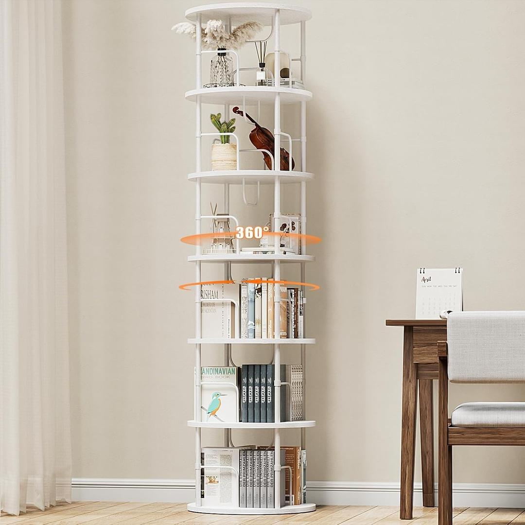 ALLSTAND 6 Tier Rotating Bookshelf, 360 Display Stackable Spinning Bookshelf Tower, Corner Bookshelf Tall Floor Standing Swivel Bookcase Narrow Storage Organizer for Bedroom, Living Room, White