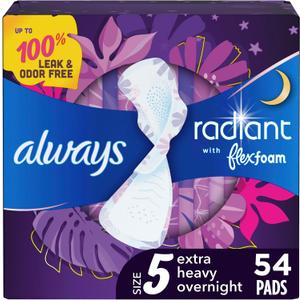 Always Radiant Feminine Pads for Women, Flexfoam Pads with Wings, Size 5, Extra Heavy Overnight Absorbency, Lightly Scented, 54 Count (3 Packs of 18)