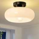 Yunnix Semi Flush Mount Ceiling Light, Black Light Fixture, Mid-Century Modern Farmhouse Milk Glass Small Light Fixtures for Hallway, Bathroom, Kitchen, Bedroom, Living Room, Closet(8.66 Inch)