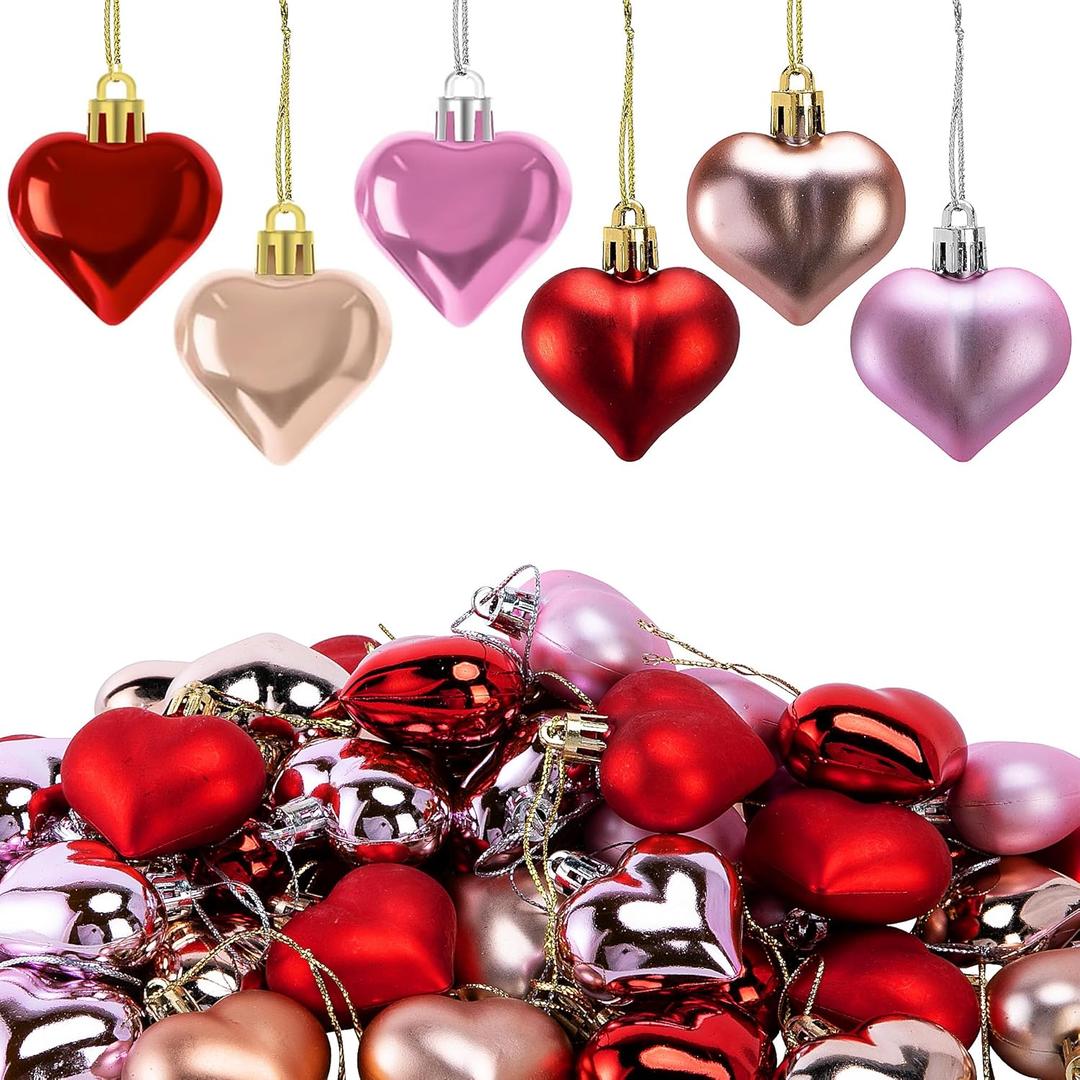 Iceyyyy 60Pcs Valentine's Day Heart Ornaments-Valentine's Mother's Day Heart Baubles Shaped Hanging Ornaments Decoration for Valentine Tree Wedding Anniversary Party (Red, Pink, Rose Gold)