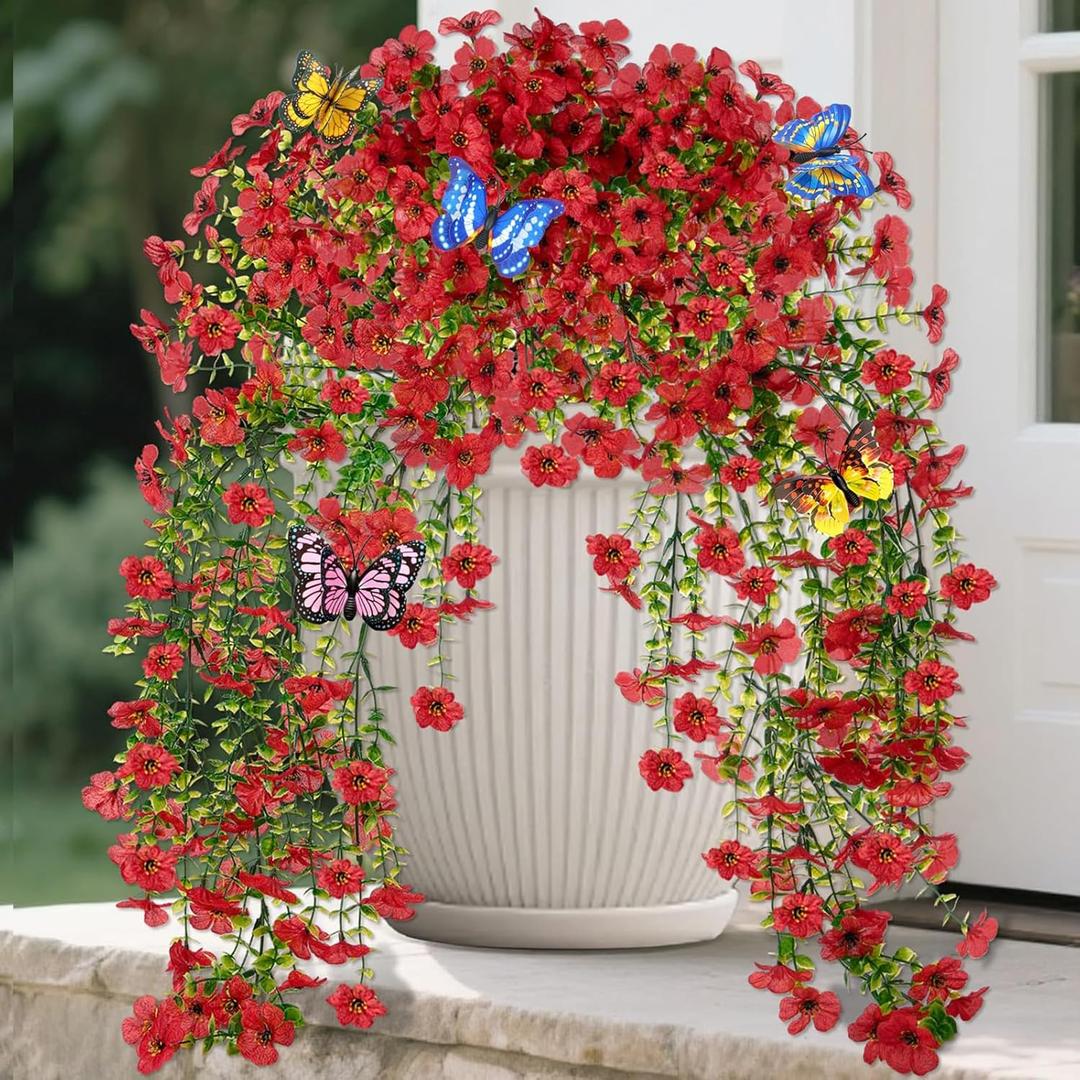 2 Packs Outdoor Artificial Hanging Flowers with 3D Magnetic Butterflies, UV Resistant Faux Silk Blooms for Spring Summer Porch Patio Balcony Decor, Red (With 8 PCS Simulated Butterflies)