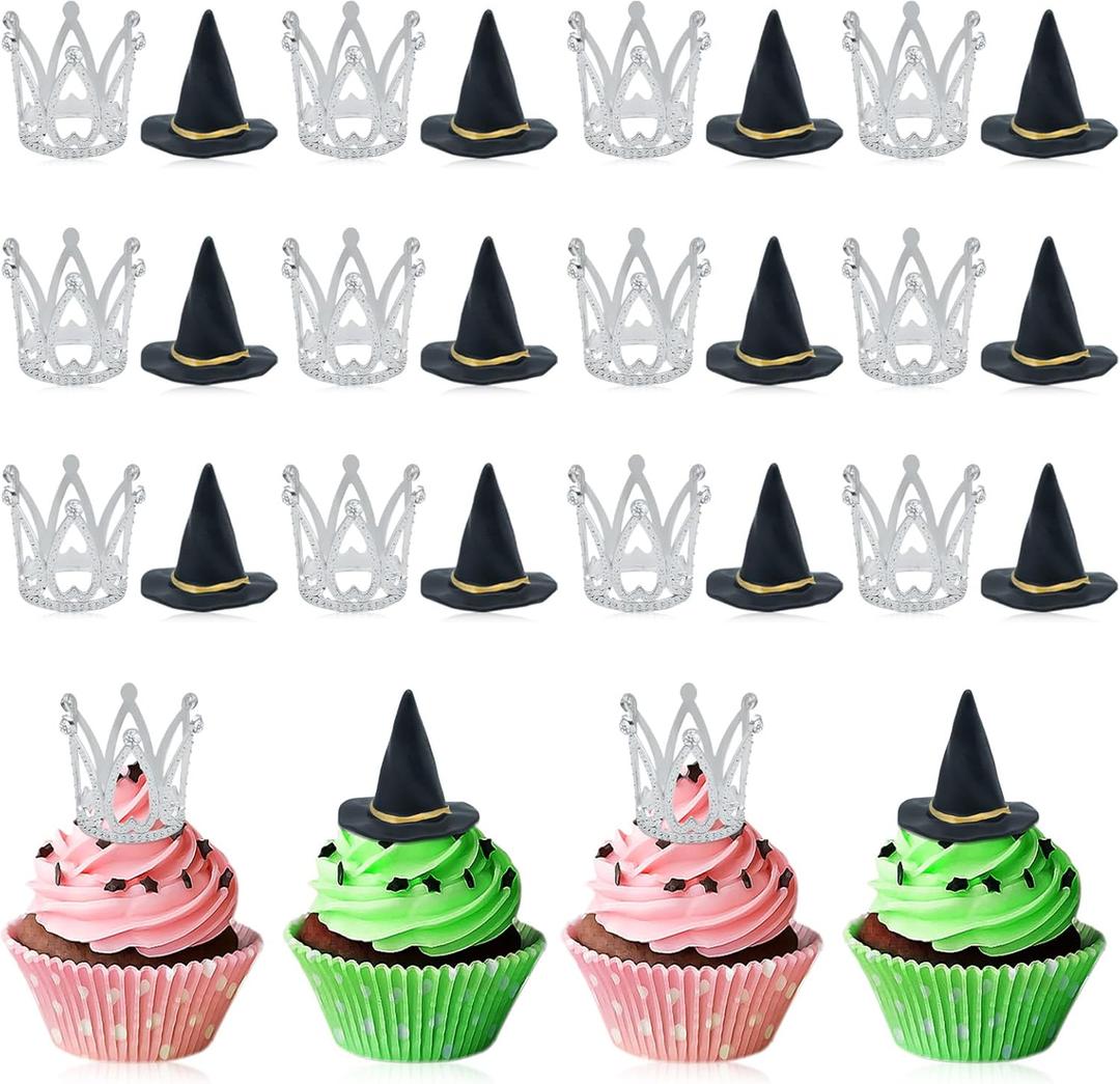 24 Pcs Witch Hat and Crown Cake Topper,Wicked Cake Topper and Wicked Cupcake Toppers,For Party, Birthday Cake, Craft Decoration (Silver)