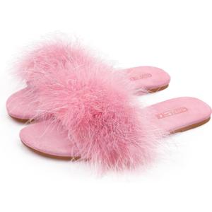 BCTEX COLL Women's Fuzzy Open Toe Slippers Memory Foam Feather Slides Fluffy Furry Indoor House Sandals (9, Pink)