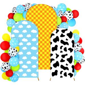 34 Pieces Toy Themed Birthday Party Decorations Arch Backdrop Covers 4ft 5ft 6ft Spandex Arch Backdrop Cover Cow Blue Sky Cloud Print Balloons Inspired Birthday Cartoon Themed Party Decor