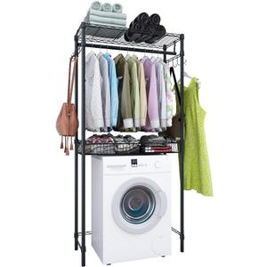 Xiofio Washer and Dryer Storage Shelf,Clothes Drying Rack,2 Tier Adjustable Height Storage Wire Basket with 2 Side Hook Laundry Shelves Used for Bathroom, Bedroom,Balcony,Black