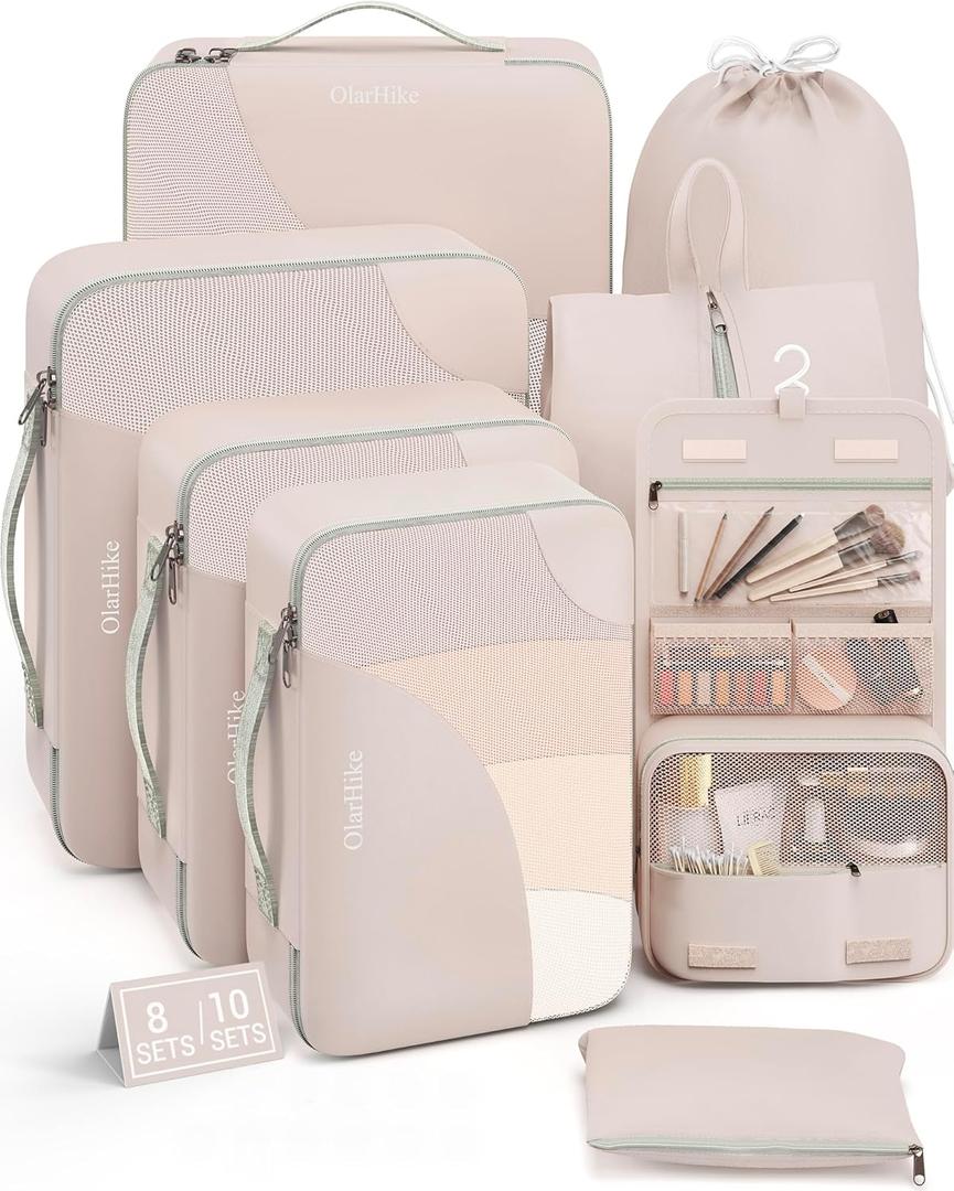 OlarHike 8Set Travel Packing Cube, Travel Bags Organizer Luggage Organizer Bags Lightweight Compression Cube Travel Essentials with Shoe Bag for Outdoor Carry on Suitcases, Beige