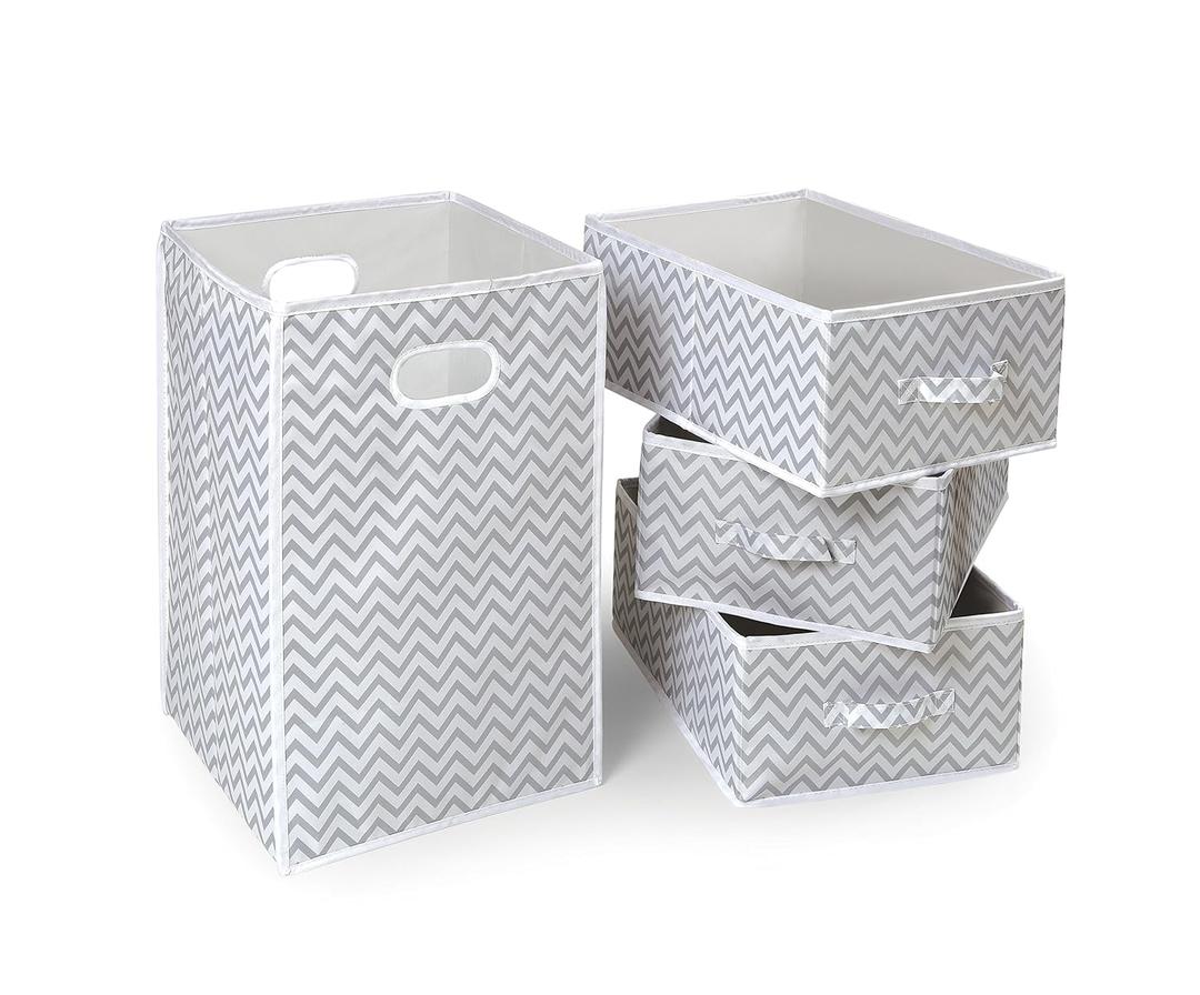 Badger Basket Nursery Folding Hamper Set - Includes Hamper and 3 Storage Baskets, Lightweight Organizer for Laundry, Toys, and Essentials - No-Tool Assembly - Gray Chevron