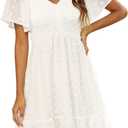 Zattcas Womens 2026 Summer Smocked Dress Short Flutter Sleeve V Neck Swiss Dot Babydoll Ruffle Tiered Mini Dress Medium