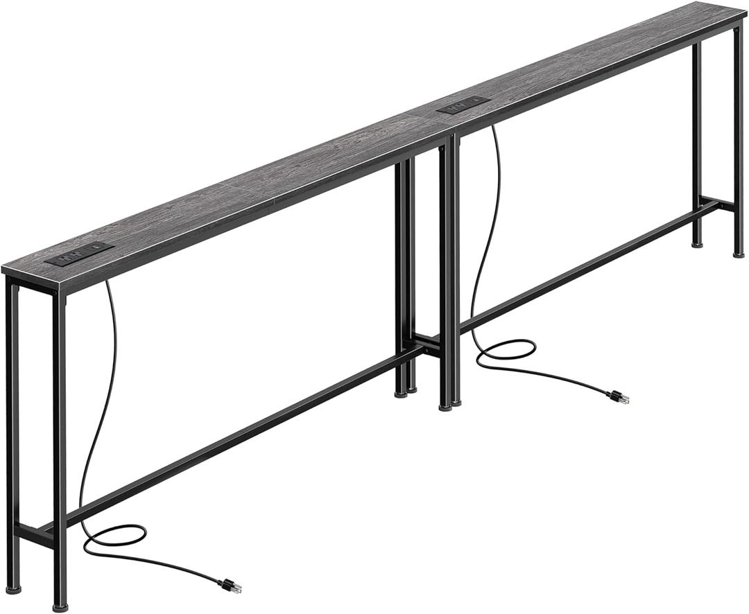SUPERJARE 102.4 Inch Sofa Table with Power Outlets and USB-C Ports, 5.9 Inch Narrow Console Tables, Entryway Hallway Couch Tables with Storage, Behind Sofa, Small Spaces, Living Room, Charcoal Gray