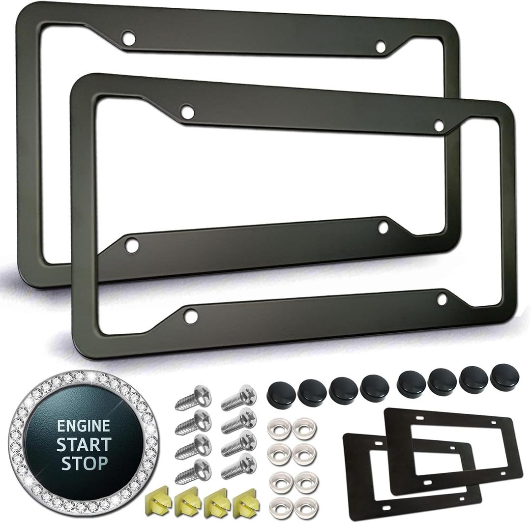 Matte Black License Plate Frames- Rustproof Aluminum Metal Car Tag Holder, 2 Pack Front Rear Slim Holder with Mounting Hardware- Screws, Caps