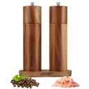 Acacia Wood Salt and Pepper Grinder Set with Base - Adjustable Ceramic Rotor Manual Pepper Mill and Salt Shaker - Refillable Wooden Spice Grinders for Kitchen Cooking, Farmhouse Decor & Gifts