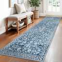Vintage 2.6x8 Hallway Runner, Blue and White Washable Non-Slip Hallway Carpet, Super Soft Kitchen Runner Rug, Print Faux Wool Floral Thin Carpet for Indoor & Bedside