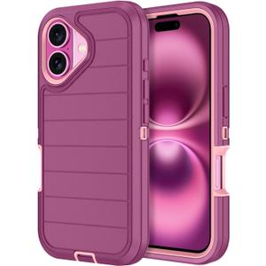 for iPhone 16 Plus Case Heavy Duty Shockproof Dropproof 3-Layer Full Body Protection Military Grade Rugged Tough Non-Slip Cover Case for Apple iPhone 16 Plus 6.7", Purple/Pink
