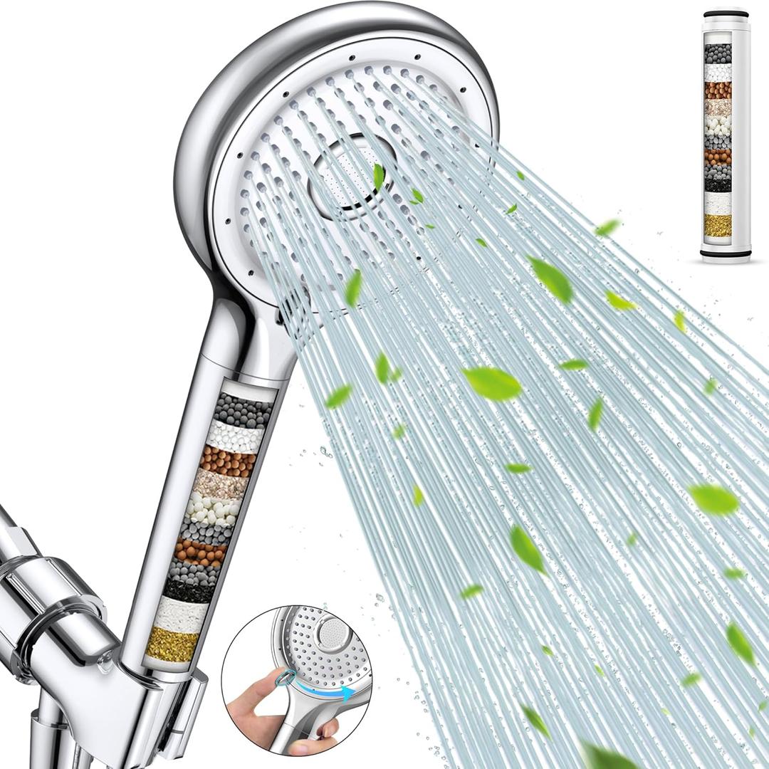 FEELSO Filtered Shower Head with Handheld, High Pressure 6 Spray Mode Showerhead with Filter, 15 Stages Water Softener Filters Beads for Hard Water-Remove Chlorine, Reduce Dry Itchy Skin, Extra Filter (Chrome)
