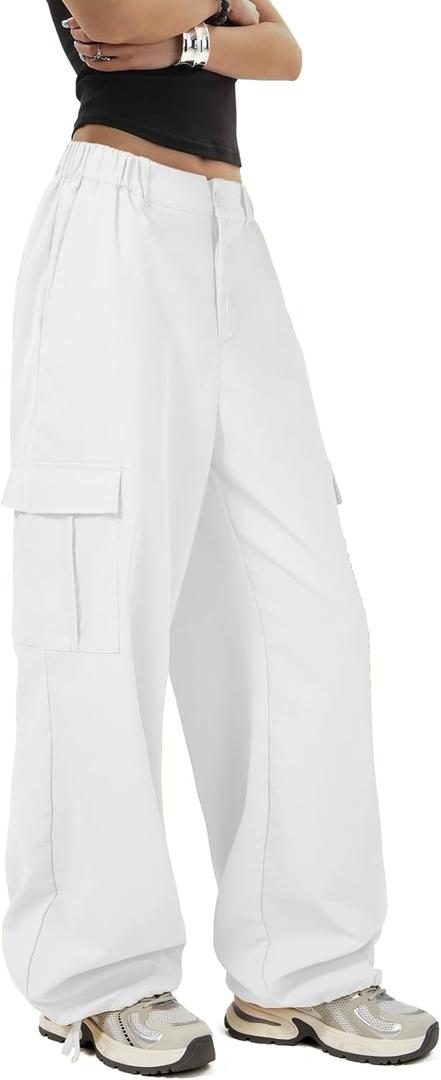 Zando Cargo Pants Women Y2K Baggy Cargo Pants Parachute Pants Trendy Stretchy High Waist Wide Leg Trousers with Pockets (Large, White)