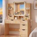 Vanity Desk with Mirror and Lights, Makeup Vanity Table with Large 6 Drawers Modern Fluted Wooden Dressing Table with Jewelry Hook 3 Color Modes Adjustable LED Mirror for Women Girls Room or Dorm
