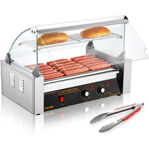 VEVOR Hot Dog Roller 7 Rollers 18 Hot Dogs Capacity 1050W Stainless Sausage Grill Cooker Machine with Dual Temp Control Glass Hood Acrylic Cover Bun Warmer Shelf Removable Oil Drip Tray, ETL Certified (7 Rollers+Cover)