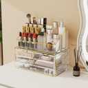 Delamu 2pc 4-Drawer Makeup Organizer Countertop Cosmetic Storage for Vanity | Bathroom | Skincare | Perfume Storage, Casual Pairing No Assembly, Ideal Gift for Women, Clear with Luxe Gold Trim