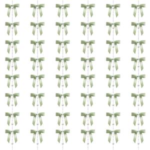 6 Pack 48 pcs Sage Green Satin Ribbon Bow with Pearl Garlands Perfect for Boho Weddings, Showers & Nature-Themed Events Gender Reveal Backdrops, Rustic Birthdays & Vow Renewals