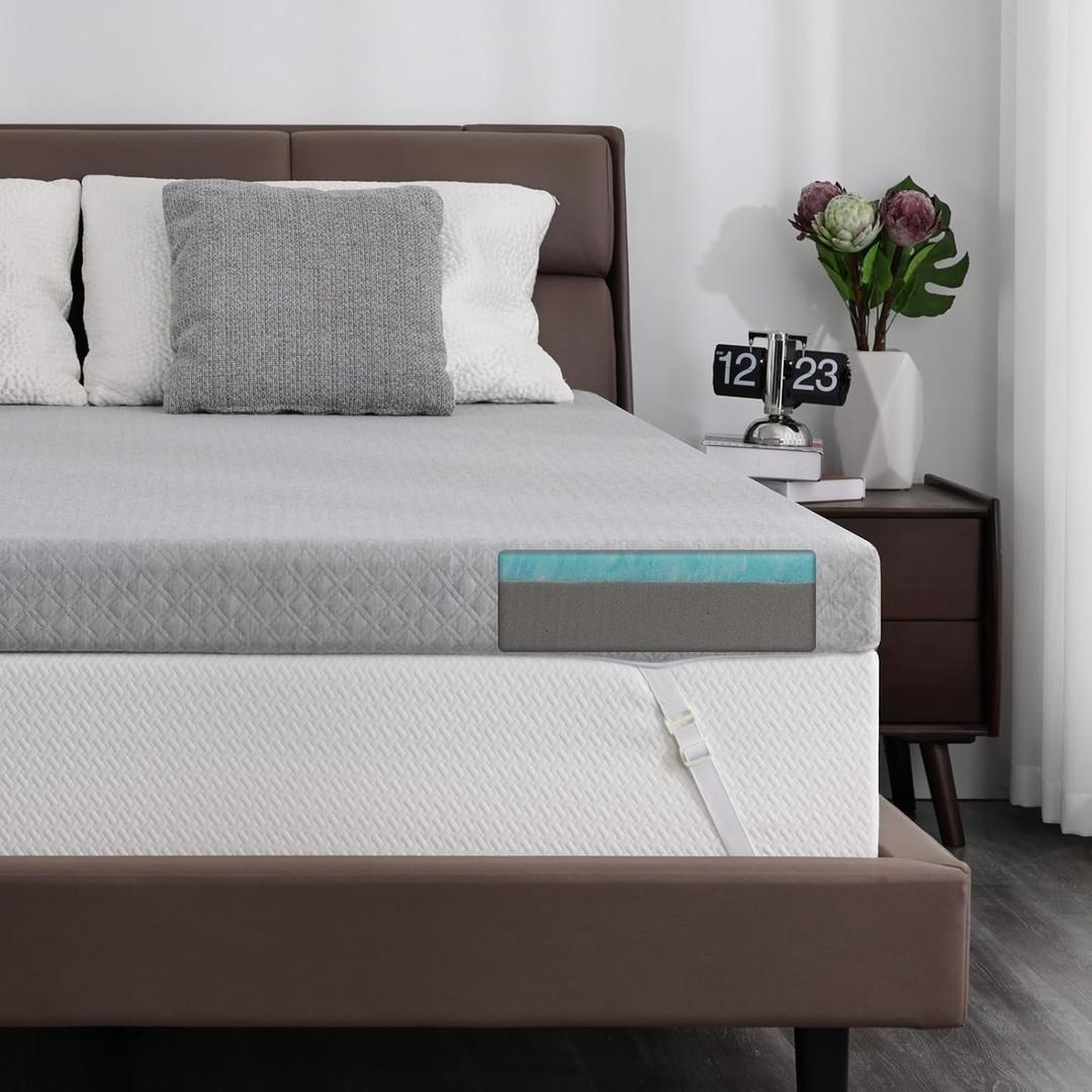 Extra Firm Mattress Topper 3 Inch Queen Size, Firm Memory Foam Bed Topper for Pain Relief, Cooling Gel Mattress Pad High-Density Mattress Topper with Removable Cover, No Smell, CertiPUR-US Certified (Gray-3 Inch-flat Gel)