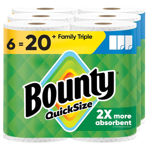 Bounty Paper Towels Quick Size, White, 6 Family Triple Rolls = 20+ Regular Rolls
